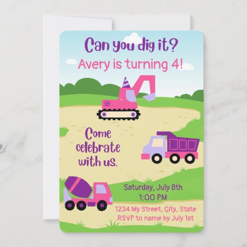 Girl Construction Birthday Invite