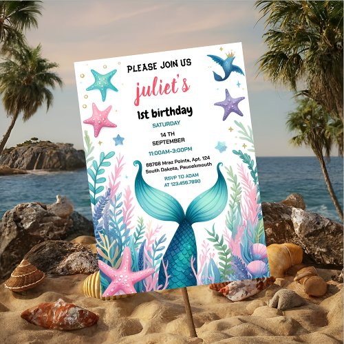 girl cool fish sea blue mermaid 1st Birthday Invitation