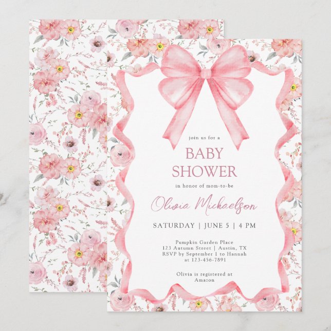 Girl Coquette Pink Floral Ribbon Bow Baby Shower Invitation (Front/Back)