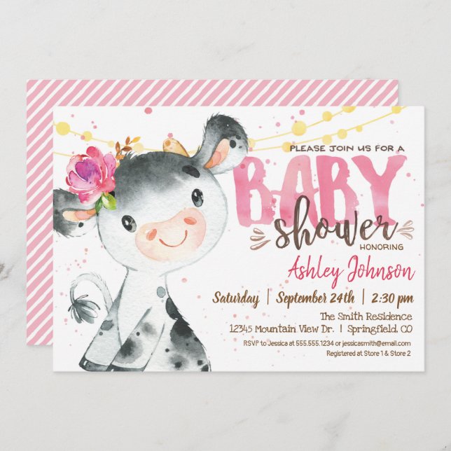 Girl Cow Baby Shower invitation, Pink Farm Invitation (Front/Back)