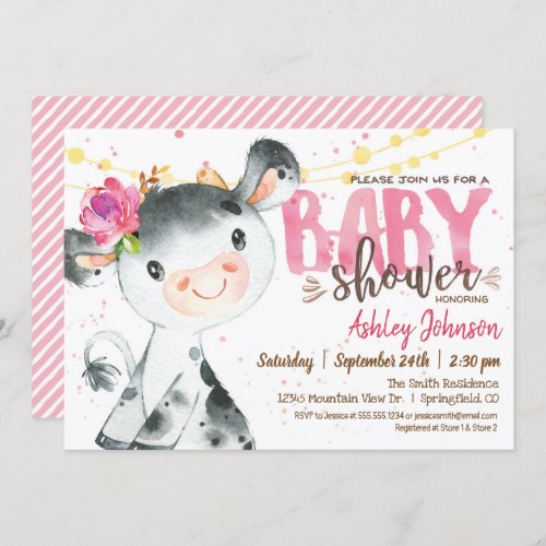 Girl Cow Baby Shower invitation Pink Farm Invitation