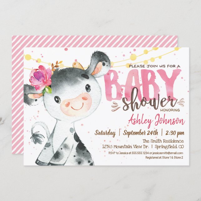 Girl Cow Baby Shower invitation, Pink Farm Invitation (Front/Back)