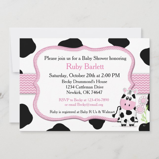 Girl Cow Baby Shower Invitation with Chevron Print (Front)