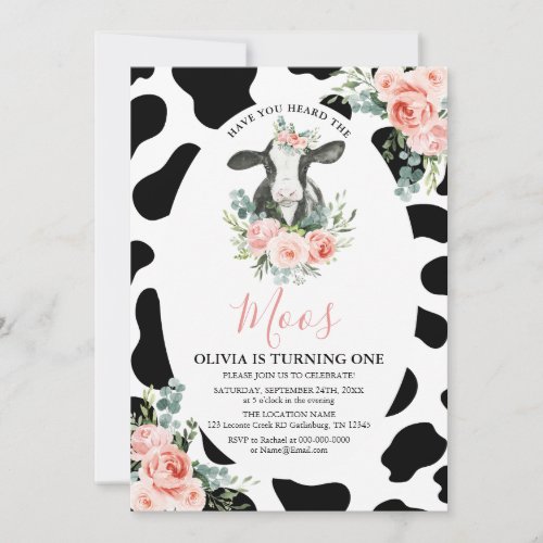 Girl Cow Pink Floral Have You Heard Moos Birthday Invitation