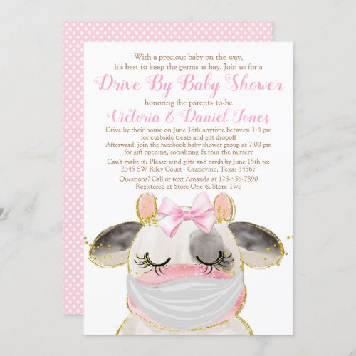 Girl Cow with Mask Drive By Baby Shower Invitation
