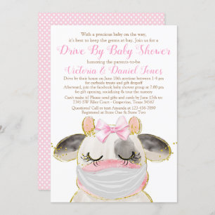 Girl Cow with Mask Drive By Baby Shower Invitation