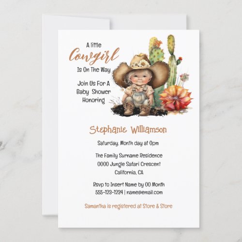 Girl cowboy western cactus southern baby shower invitation