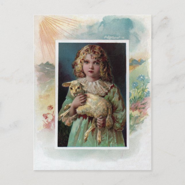 Girl Cradling Lamb Victorian Easter Holiday Postcard (Front)