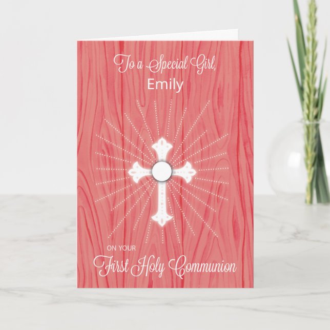 Girl Customizable Name First Communion Cross Card (Front)