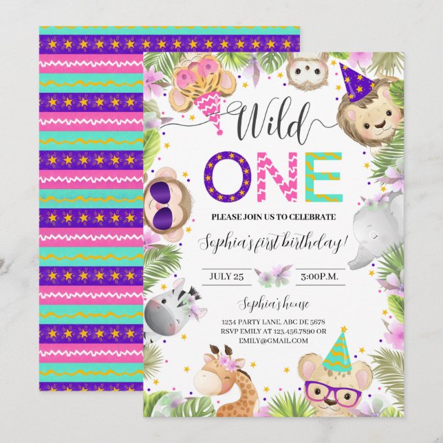 Girl Cute Baby Animals Wild One  Invitation (Front/Back)