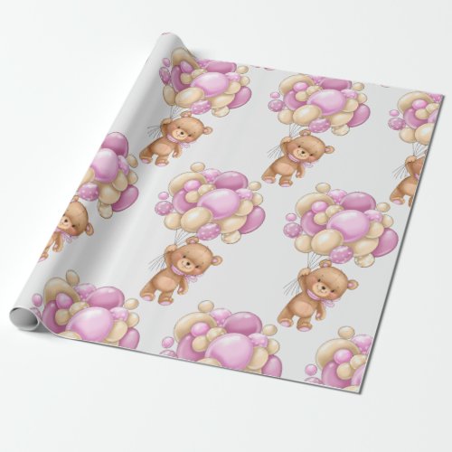 Girl Cute Bear Balloon Wrapping Paper