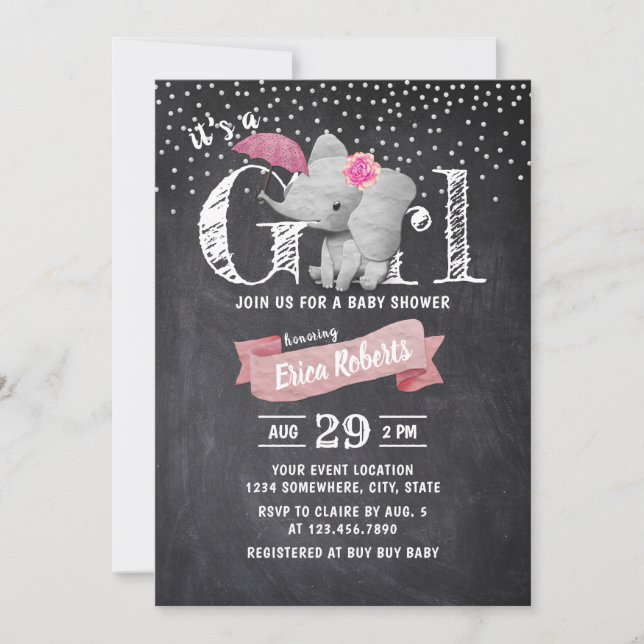 Girl Cute Elephant Rustic Chalkboard Baby Shower Invitation (Front)