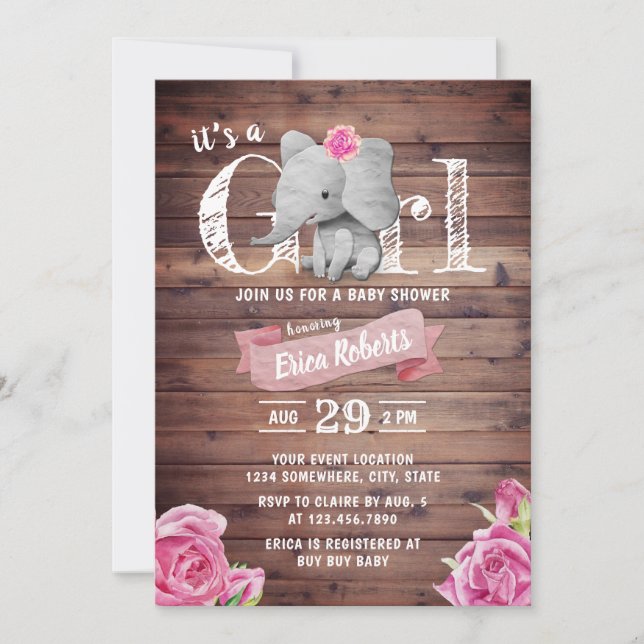 Girl Cute Elephant Rustic Floral Baby Shower Invitation (Front)
