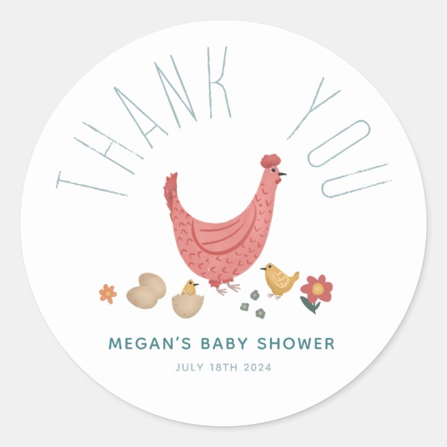 Girl Cute Farm Chicken Baby Shower Thank You Favor Classic Round Sticker (Front)