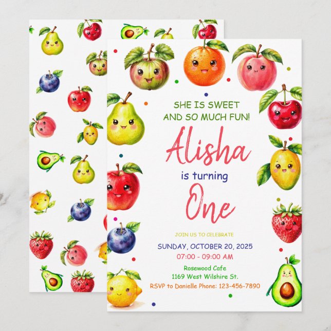 Girl Cute Fruit Birthday Invitation, Summer Party Invitation (Front/Back)
