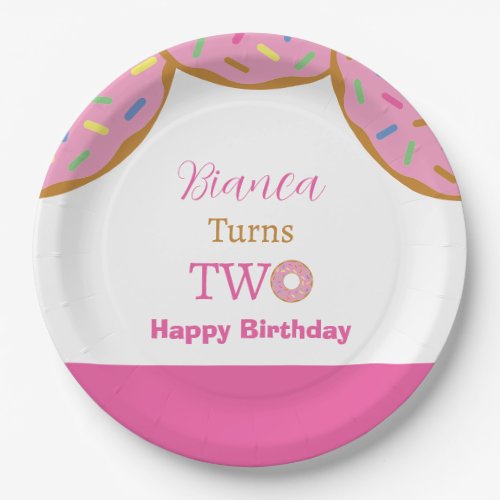 Girl Cute Happy Two 2nd Birthday Pink Donut Party Paper Plates