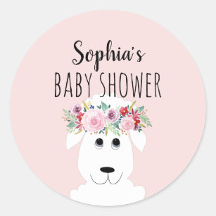 Girl Cute Lamb Watercolor Flowers Name Baby Shower Classic Round Sticker