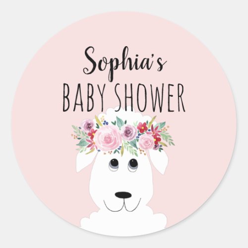 Girl Cute Lamb Watercolor Flowers Name Baby Shower Classic Round Sticker