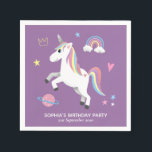 Girl Cute Magical Purple Unicorn Kids Birthday Napkins<br><div class="desc">This cute and magical kids Birthday party napkin design features a unicorn cartoon with a rainbow,  planet,  crown,  heart and stars,  and can be personalized with your girls name and the date of your party. The perfect purple princess addition to your child's Birthday party.</div>