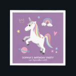 Girl Cute Magical Purple Unicorn Kids Birthday Napkins<br><div class="desc">This cute and magical kids Birthday party napkin design features a unicorn cartoon with a rainbow,  planet,  crown,  heart and stars,  and can be personalized with your girls name and the date of your party. The perfect purple princess addition to your child's Birthday party.</div>