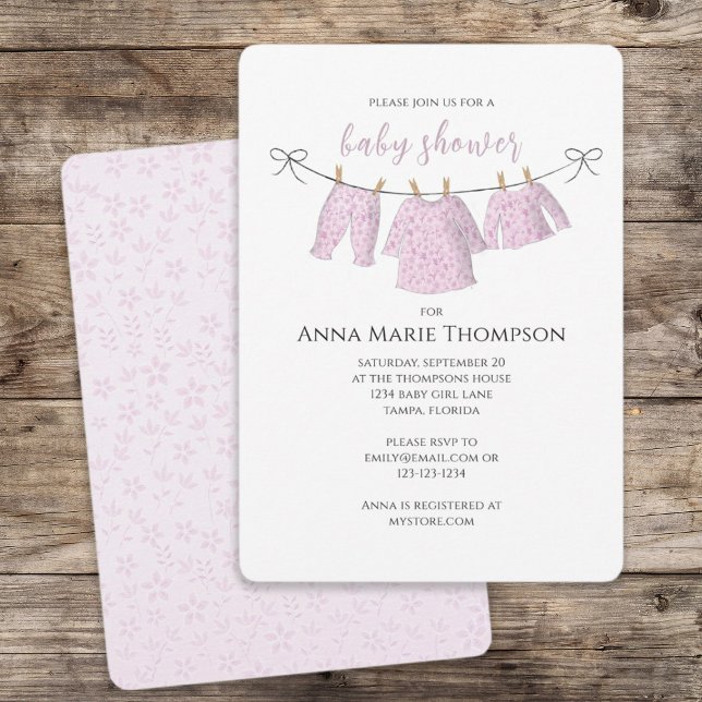 Girl Cute Pink Baby Clothesline Sweet Baby Shower Invitation