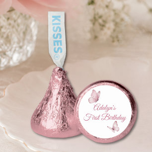 Girl Cute Pink Butterfly Typography First Birthday Hershey®'s Kisses®