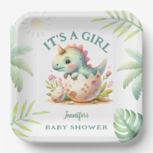 Girl Cute Pink Dino Dinosaur Baby Shower Paper Plates