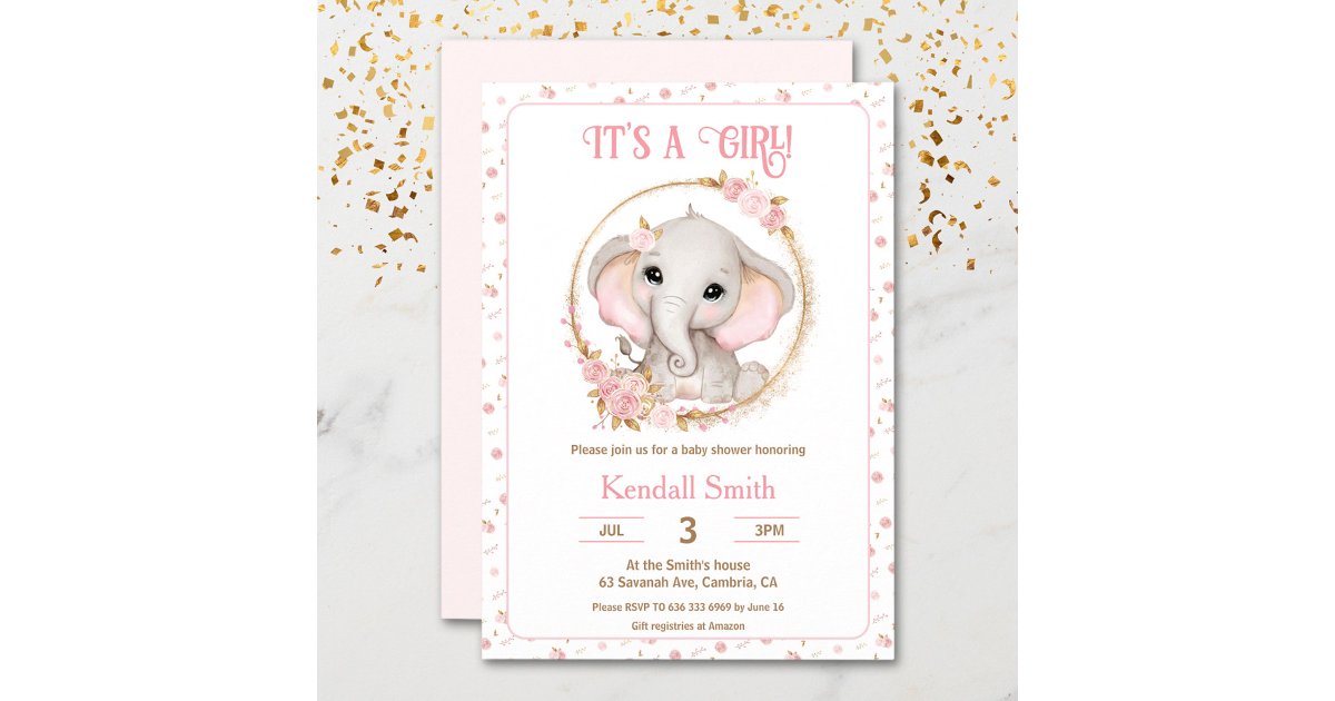Girl Cute Pink Elephant and Flowers Baby Shower Invitation | Zazzle