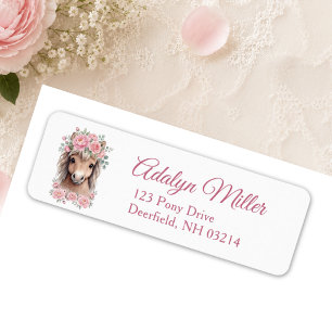 Girl Cute Pink Floral Horse First Birthday Label