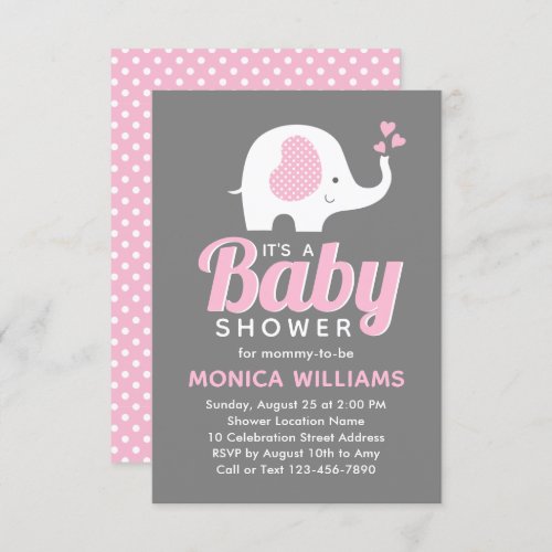 Girl Cute Pink Gray Elephant Baby Shower Invitation