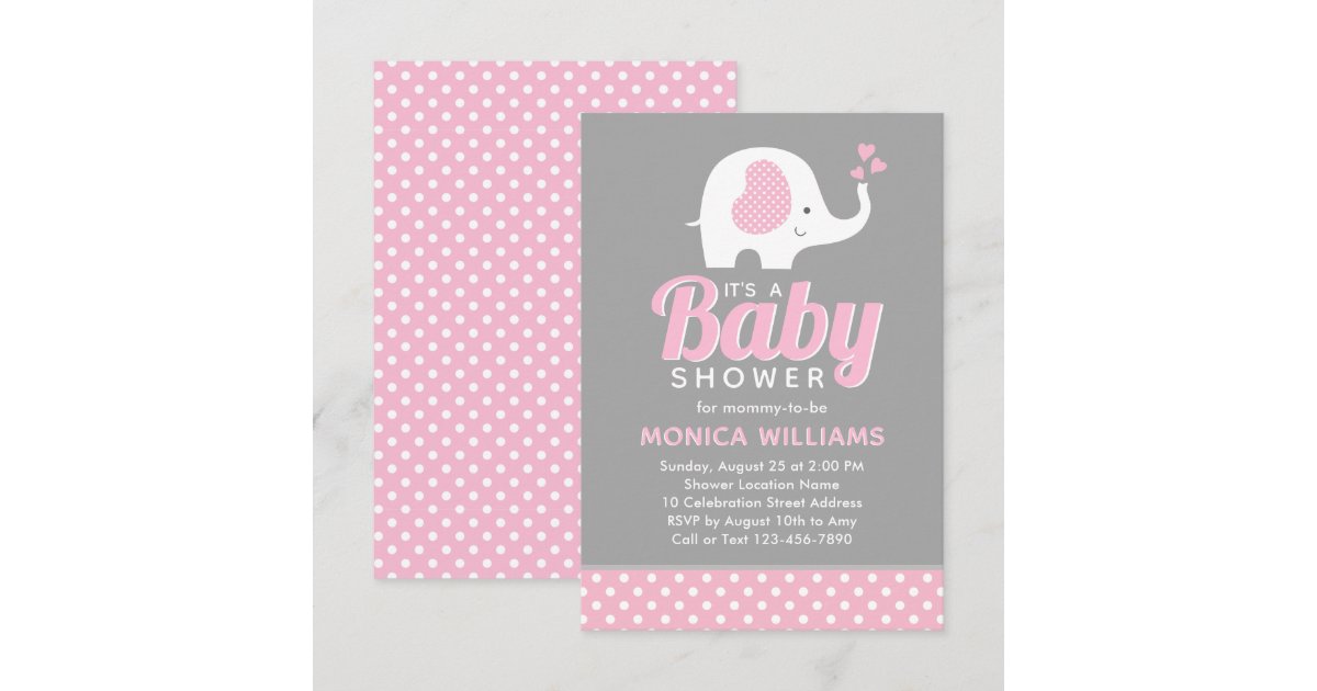 Girl - Cute Pink Gray Elephant Baby Shower Invitation | Zazzle