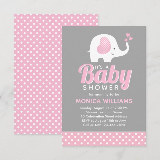 Girl - Cute Pink Gray Elephant Baby Shower Invitation (Front/Back)