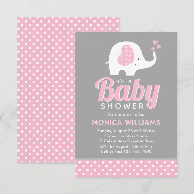 Girl - Cute Pink Gray Elephant Baby Shower Invitation | Zazzle