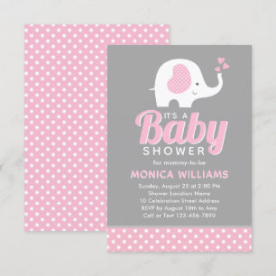 Girl - Cute Pink Gray Elephant Baby Shower Invitation