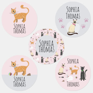 Girl Cute Pink Kitty Cat Cartoon Name School Kids' Labels