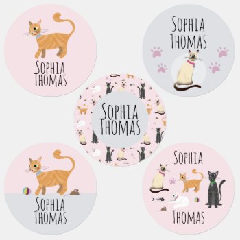 Girl Cute Pink Kitty Cat Cartoon Name School Kids' Labels by Simply_Baby at Zazzle