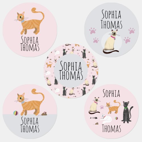 Girl Cute Pink Kitty Cat Cartoon Name School Kids Labels