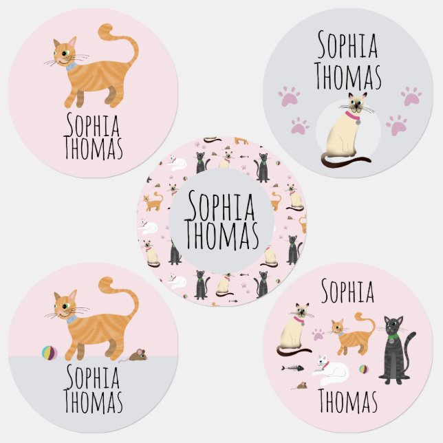Girl Cute Pink Kitty Cat Cartoon Name School Kids' Labels (Group)