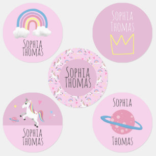 Girl Cute Pink Magical Unicorn & Name School Kids' Labels