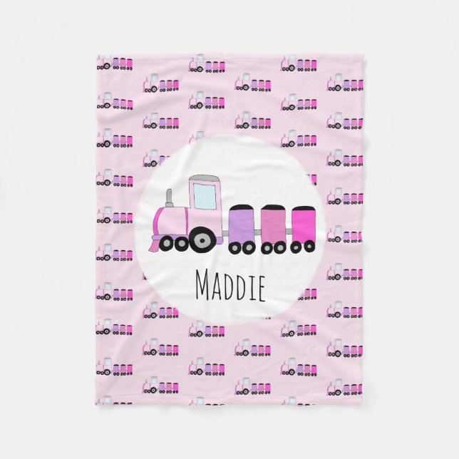 Girl Cute Pink Train with Name Kids Fleece Blanket (Front)