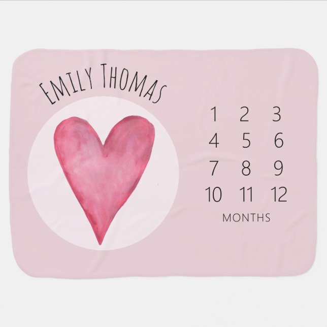 Girl Cute Pink Watercolor Heart and Name Milestone Baby Blanket (Horizontal)