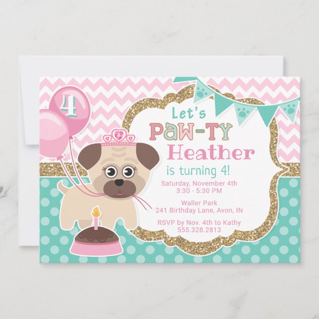 Girl Cute Princess Puppy Pawty Birthday Invitation (Front)