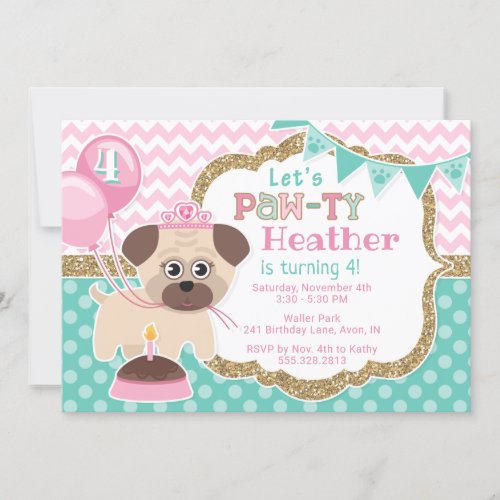 Girl Cute Princess Puppy Pawty Birthday Invitation