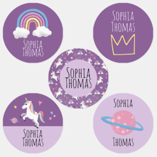 Girl Cute Purple Magical Unicorn & Name School Kids' Labels