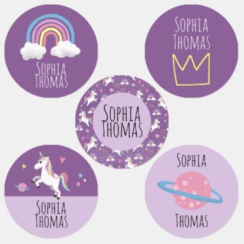 Girl Cute Purple Magical Unicorn & Name School Kids' Labels by Simply_Baby at Zazzle