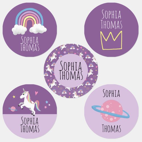 Girl Cute Purple Magical Unicorn  Name School Kids Labels