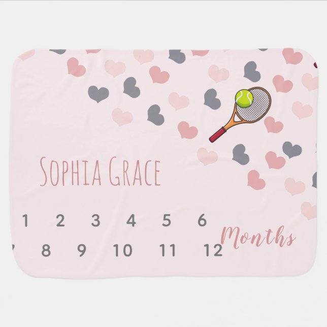 Girl Cute Tennis Rackets & Pink Hearts Milestone Baby Blanket (Horizontal)