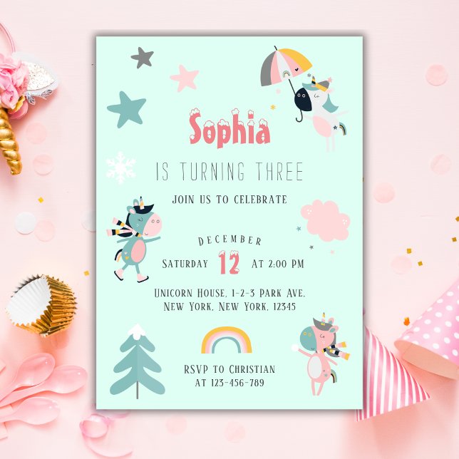 Girl Cute Unicorn Birthday Party Invitation (Girl Unicorn Birthday Party Winter Party)