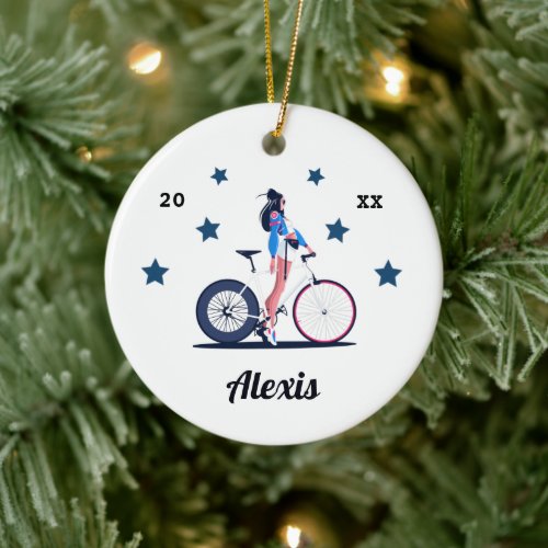 Girl Cyclist Cycling Bicycle Kids Name  Year Ceramic Ornament