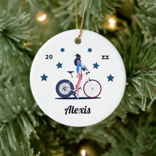 Girl Cyclist Cycling Bicycle Kid's Name &amp; Year Ceramic Ornament